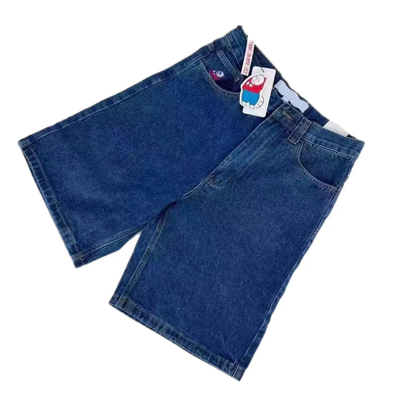 Shorts jeans retrô Y2K femininos com bordados de desenho animado na altura do joelho, jeans largos, calças curtas masculinas, SJ ou torrada