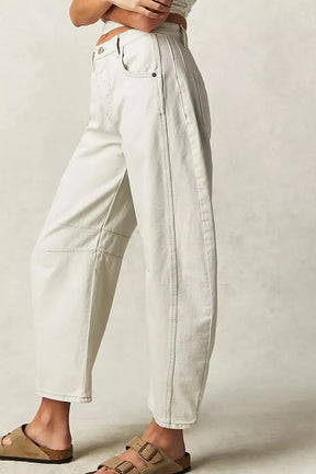 Calça jeans feminina larga, calça jeans solta, cor sólida, cintura alta, comprimento até o tornozelo