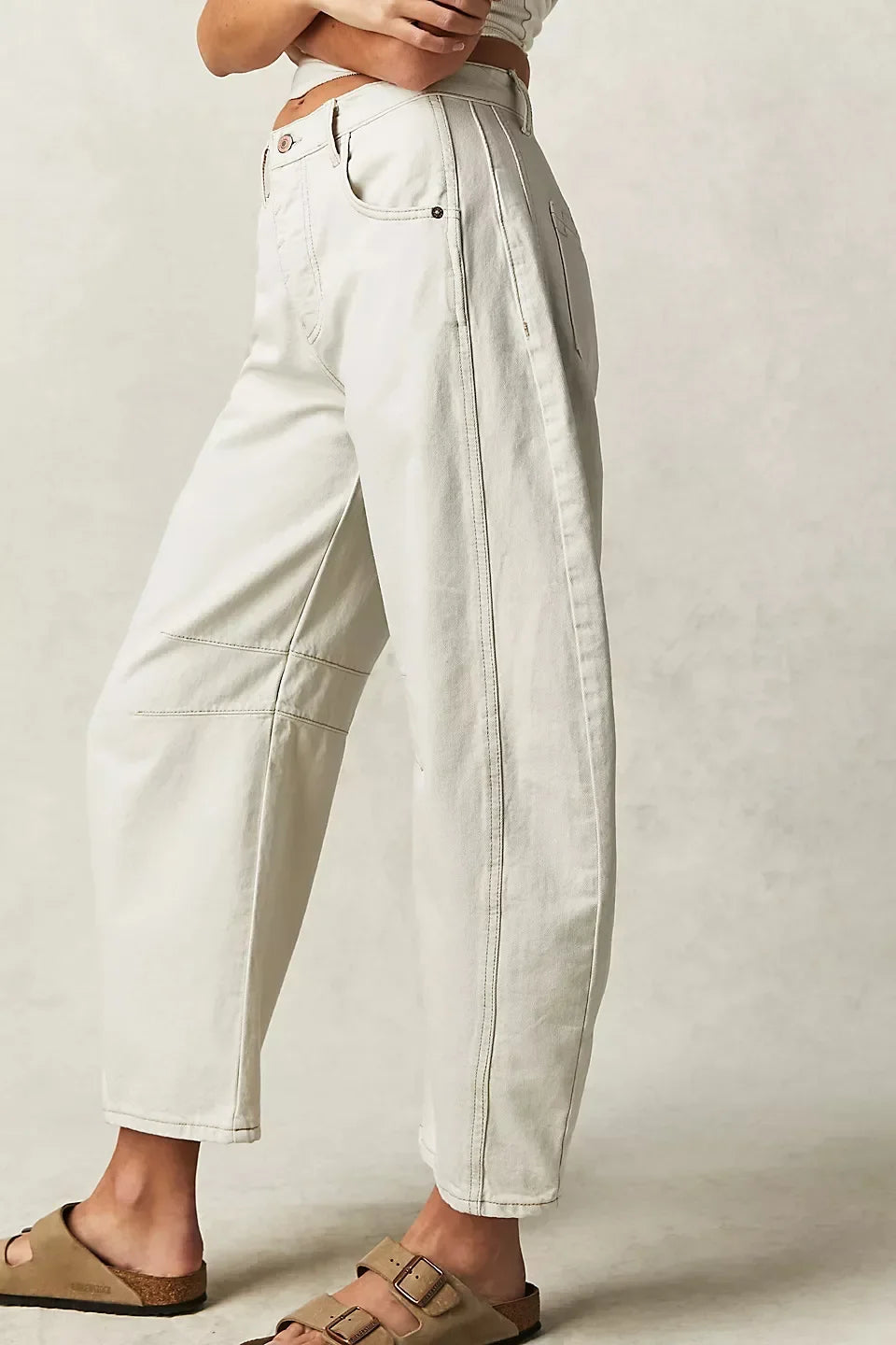 Calça jeans feminina larga, calça jeans solta, cor sólida, cintura alta, comprimento até o tornozelo