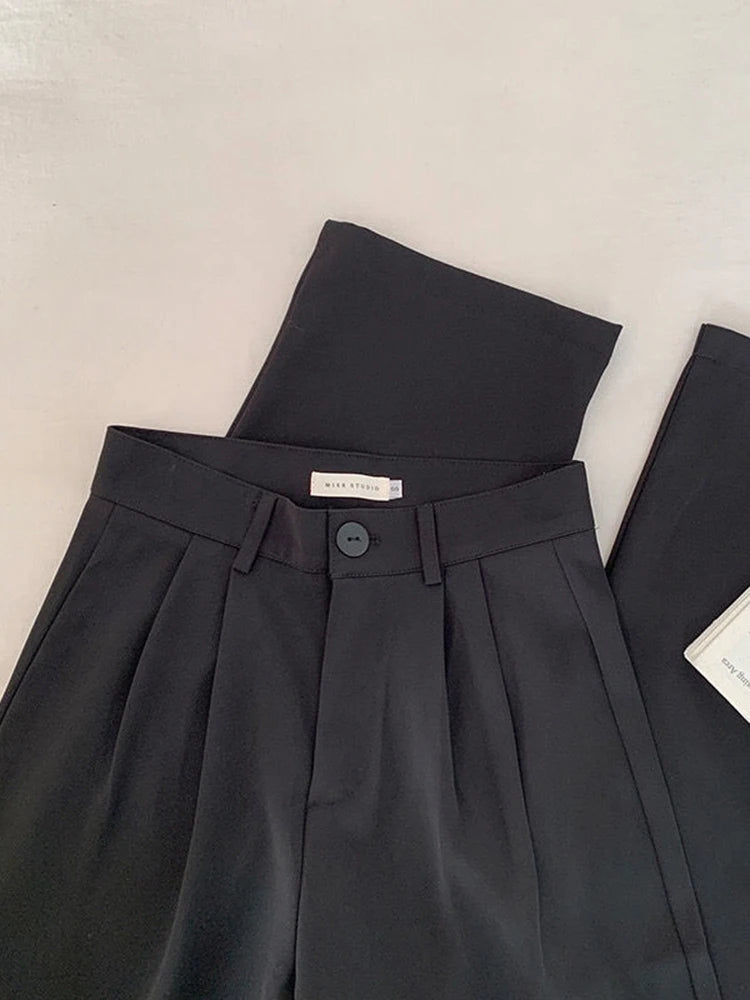 Calças femininas de cintura alta JM PRS, calças retas para escritório, moda coreana, casual, com botões, soltas, pretas, novas