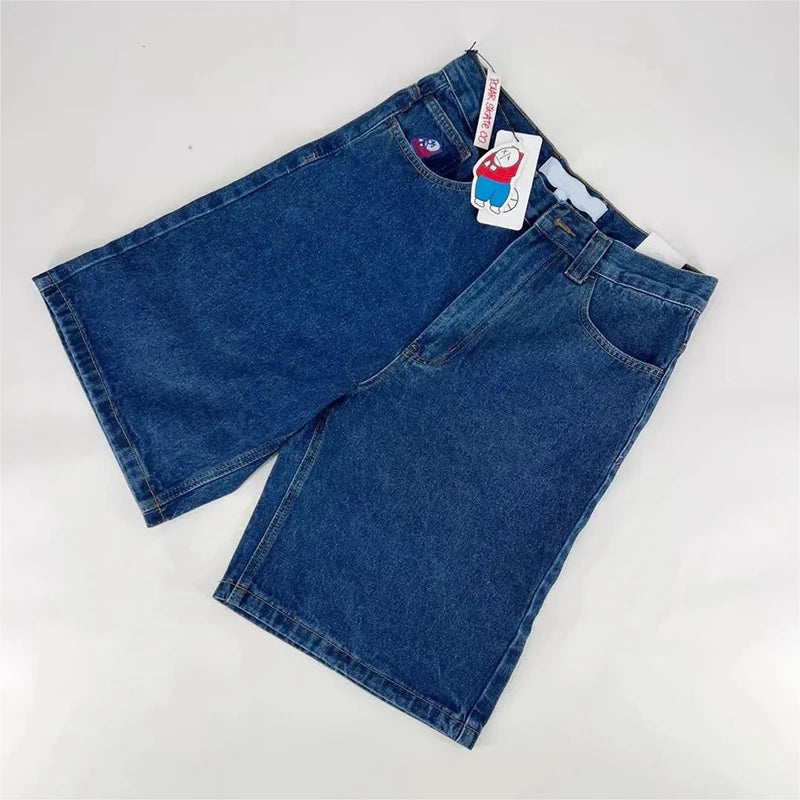 Shorts jeans retrô Y2K femininos com bordados de desenho animado na altura do joelho, jeans largos, calças curtas masculinas, SJ ou torrada