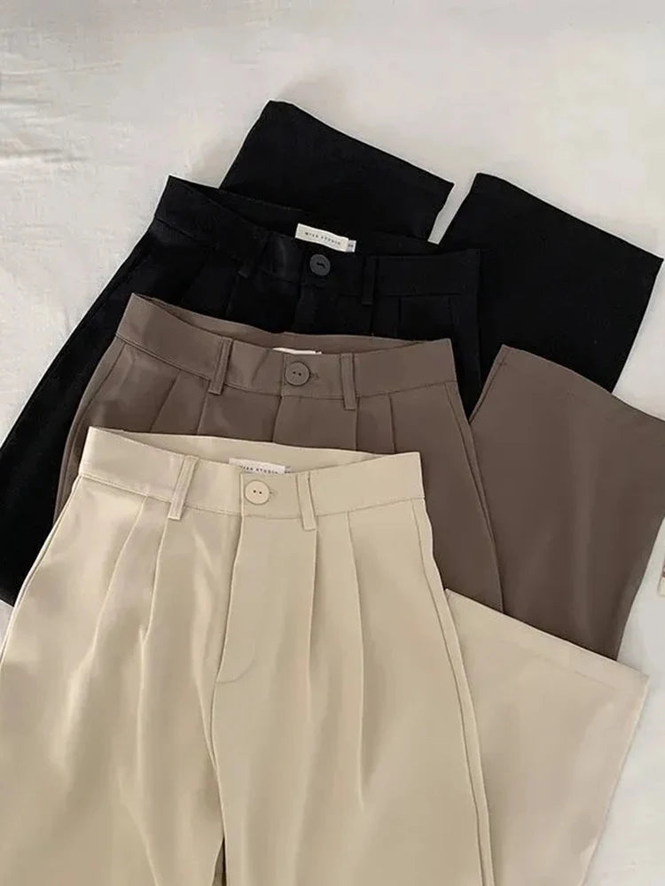 Calças femininas de cintura alta JM PRS, calças retas para escritório, moda coreana, casual, com botões, soltas, pretas, novas