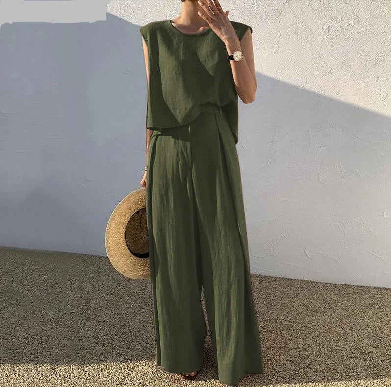 Conjunto de duas peças de algodão e linho, cor sólida, primavera/verão 2024, moda feminina, tops sem mangas, calças largas e soltas, para mulheres