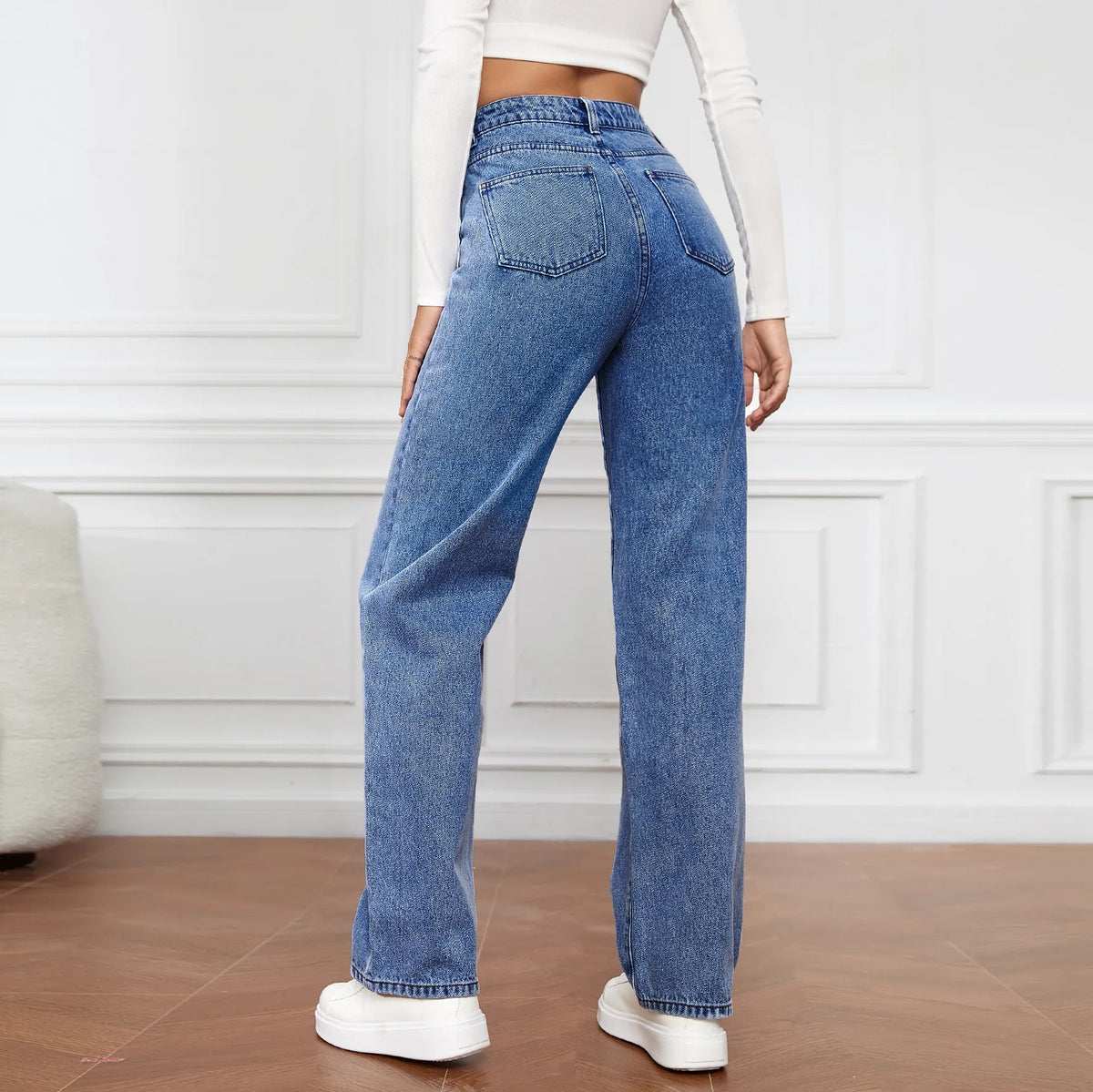 Calça Jeans de Cintura Alta Feminina Jeans 2023 Outono e Inverno Nova Calça Casual Sólida Versátil Bolso de Botão Calça Reta Feminina