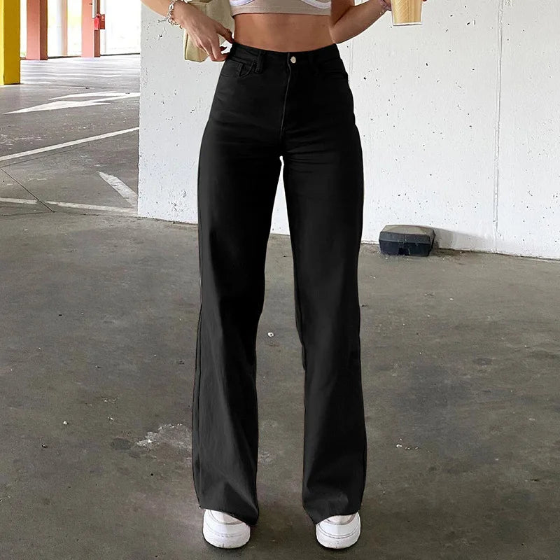 Calça jeans feminina reta, zíper sólido, cintura alta, comprimento até o tornozelo, bolsos soltos, leve tendência da primavera de 2024, moda urbana