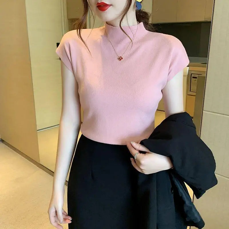 Novas camisas casuais de malha lisas de verão para mulheres, tops de manga curta, blusas soltas de corte pequeno, blusas femininas elegantes e simples da moda