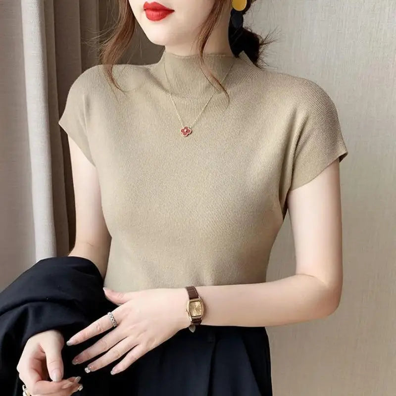 Novas camisas casuais de malha lisas de verão para mulheres, tops de manga curta, blusas soltas de corte pequeno, blusas femininas elegantes e simples da moda