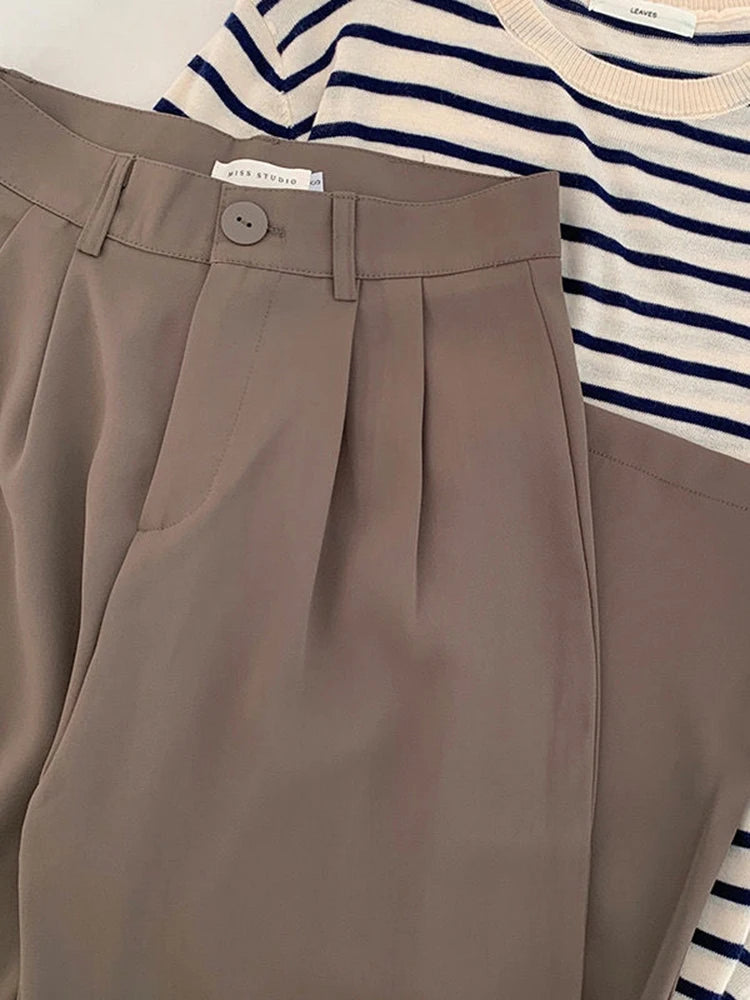 Calças femininas de cintura alta JM PRS, calças retas para escritório, moda coreana, casual, com botões, soltas, pretas, novas