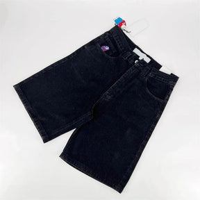 Shorts jeans retrô Y2K femininos com bordados de desenho animado na altura do joelho, jeans largos, calças curtas masculinas, SJ ou torrada
