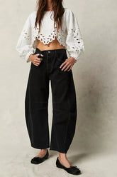 Calça jeans feminina larga, calça jeans solta, cor sólida, cintura alta, comprimento até o tornozelo