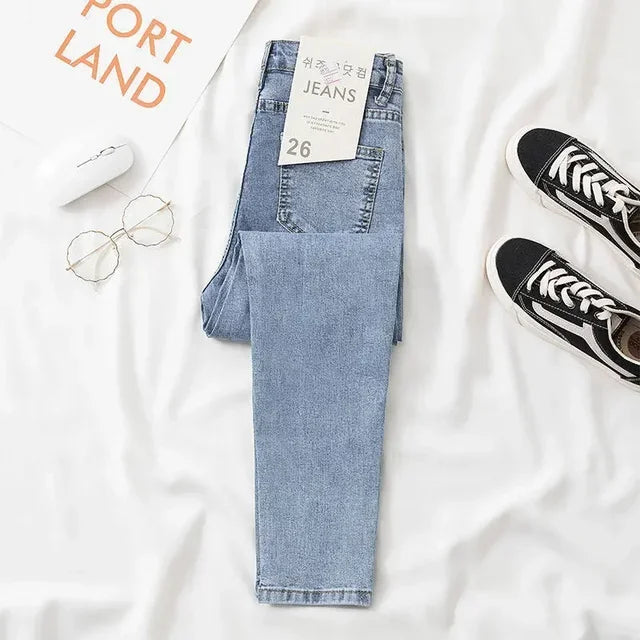 Calça jeans feminina cinza preta, justa, cropped, chique, versátil, para estudantes, calça comprida