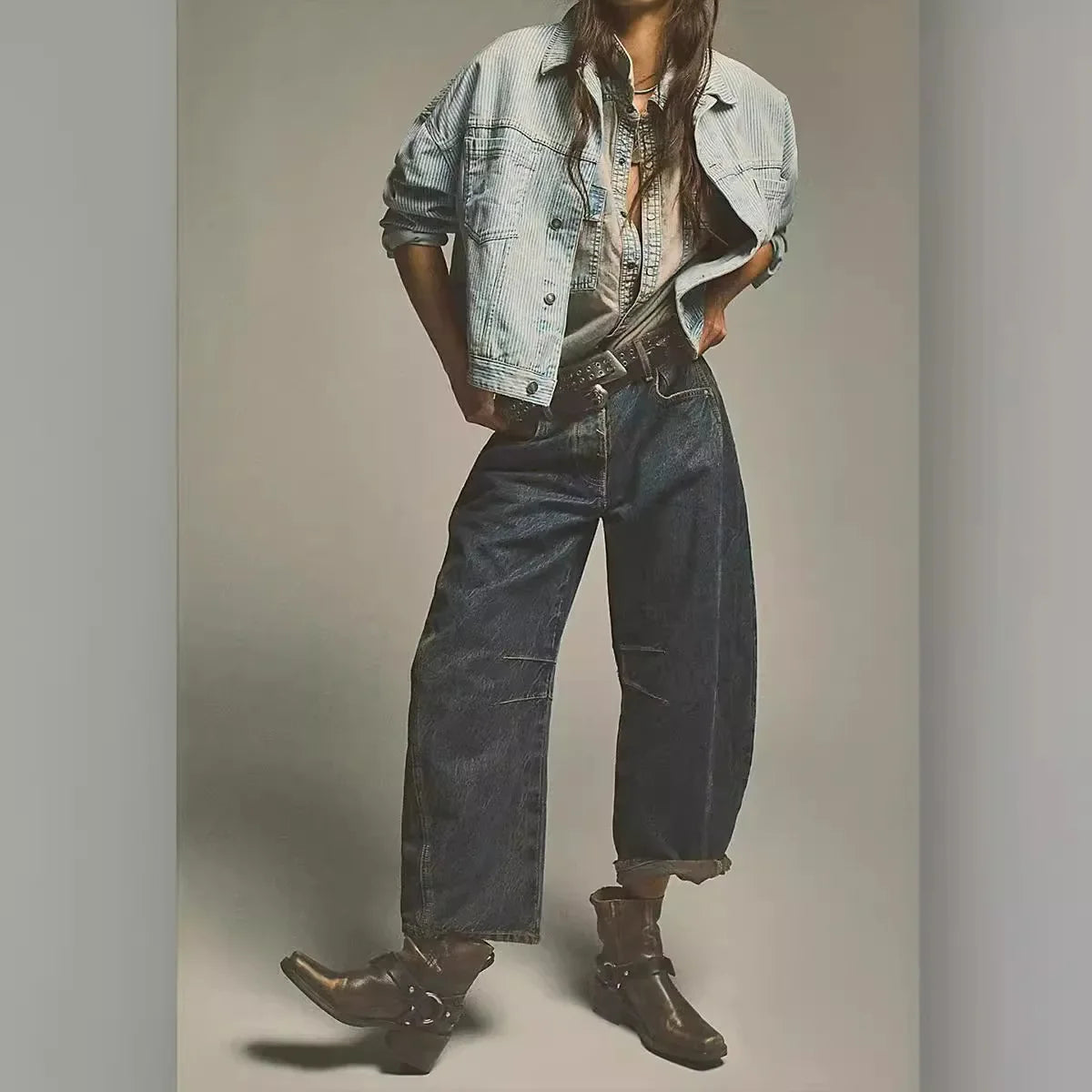 Calça jeans feminina larga, calça jeans solta, cor sólida, cintura alta, comprimento até o tornozelo