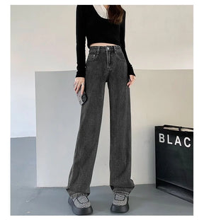 Calça jeans feminina de cintura alta e cintura alta, nova moda primavera e verão, casual, solta, fina, perna larga