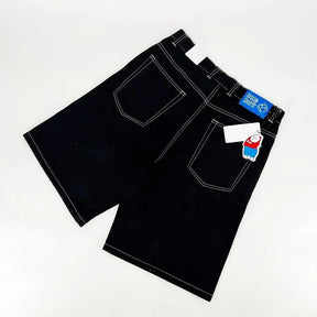 Shorts jeans retrô Y2K femininos com bordados de desenho animado na altura do joelho, jeans largos, calças curtas masculinas, SJ ou torrada
