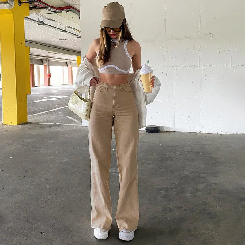 Calça jeans feminina reta, zíper sólido, cintura alta, comprimento até o tornozelo, bolsos soltos, leve tendência da primavera de 2024, moda urbana