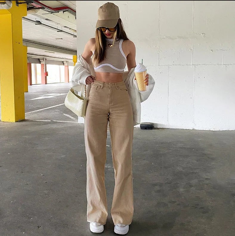 Calça jeans feminina reta, zíper sólido, cintura alta, comprimento até o tornozelo, bolsos soltos, leve tendência da primavera de 2024, moda urbana