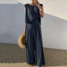 Conjunto de duas peças de algodão e linho, cor sólida, primavera/verão 2024, moda feminina, tops sem mangas, calças largas e soltas, para mulheres
