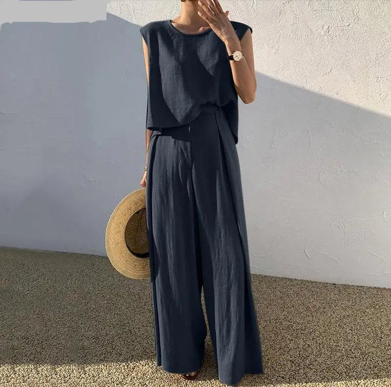 Conjunto de duas peças de algodão e linho, cor sólida, primavera/verão 2024, moda feminina, tops sem mangas, calças largas e soltas, para mulheres