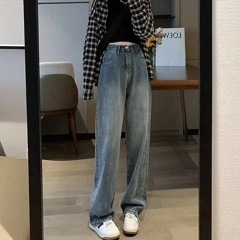 Calça jeans feminina de cintura alta e cintura alta, nova moda primavera e verão, casual, solta, fina, perna larga