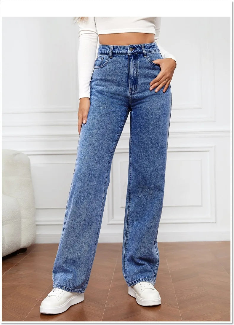 Calça Jeans de Cintura Alta Feminina Jeans 2023 Outono e Inverno Nova Calça Casual Sólida Versátil Bolso de Botão Calça Reta Feminina