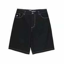 Shorts jeans retrô Y2K femininos com bordados de desenho animado na altura do joelho, jeans largos, calças curtas masculinas, SJ ou torrada