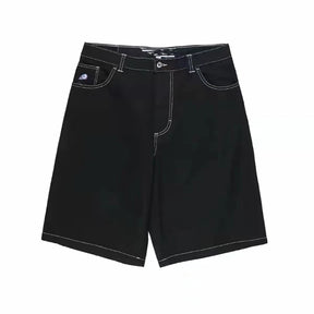 Shorts jeans retrô Y2K femininos com bordados de desenho animado na altura do joelho, jeans largos, calças curtas masculinas, SJ ou torrada