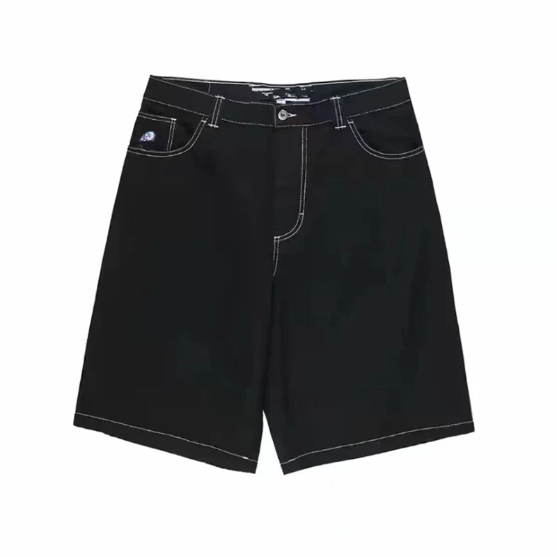Shorts jeans retrô Y2K femininos com bordados de desenho animado na altura do joelho, jeans largos, calças curtas masculinas, SJ ou torrada